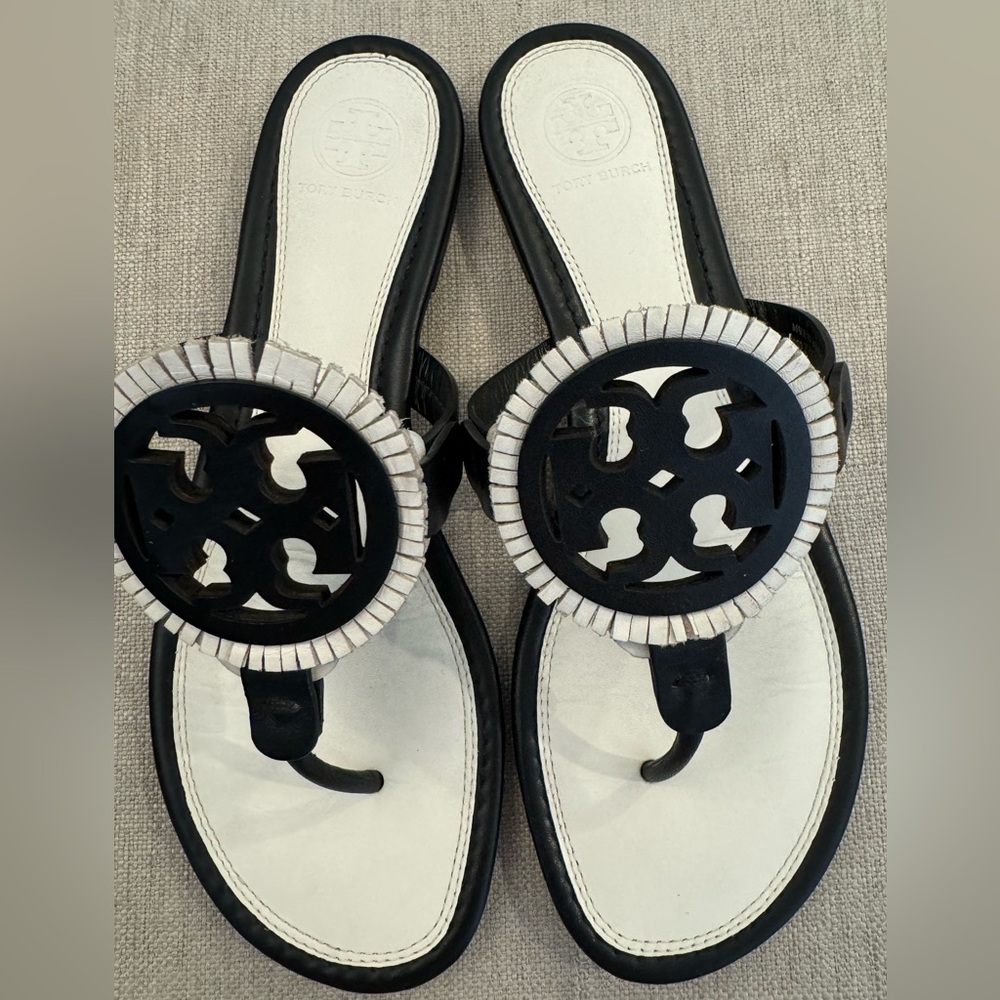 Tory Burch Black and White Leather Thong Sandals